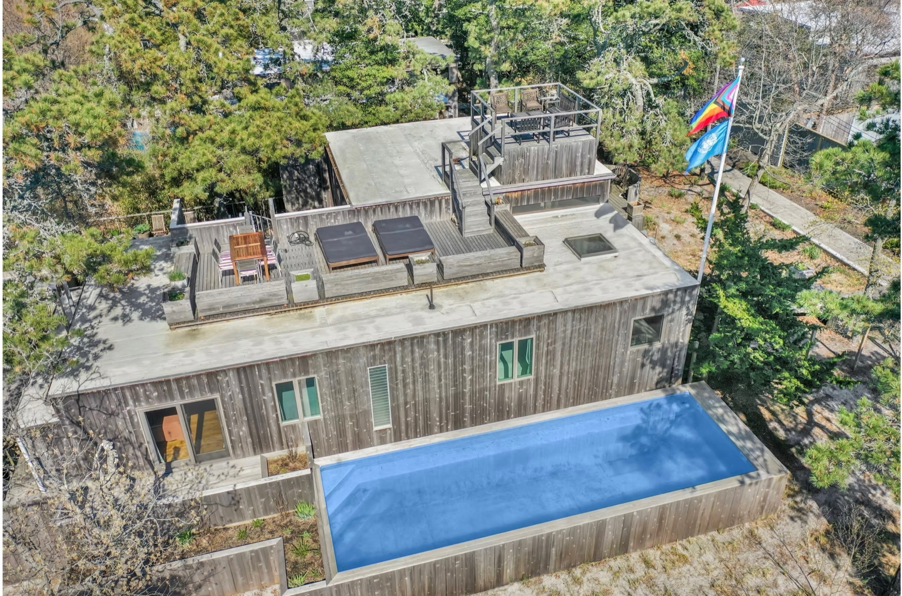 Aerial view of rooftop deck and pool